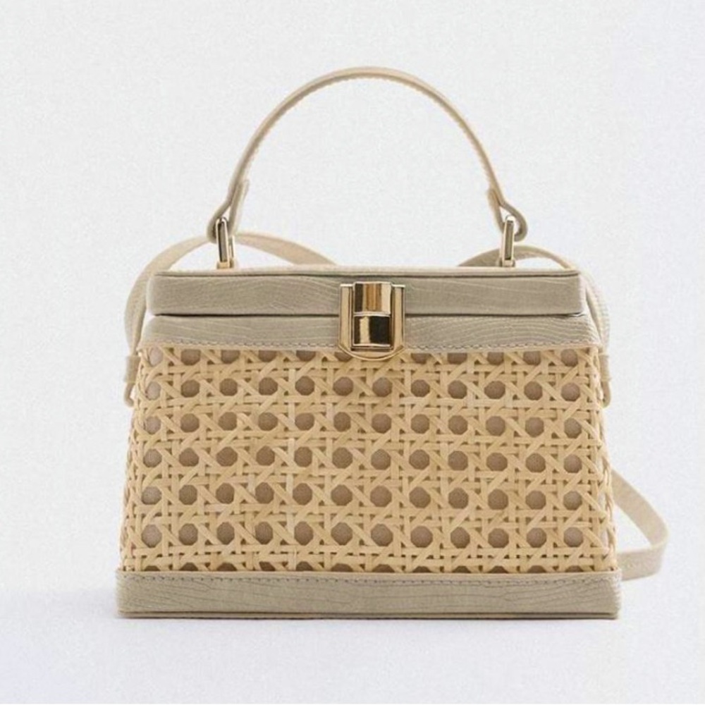 Zara woven rattan cane top handle crossbody purse handbag NWOT